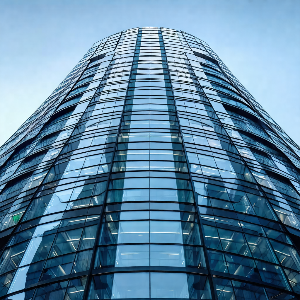 Tall, modern building with a large glass window