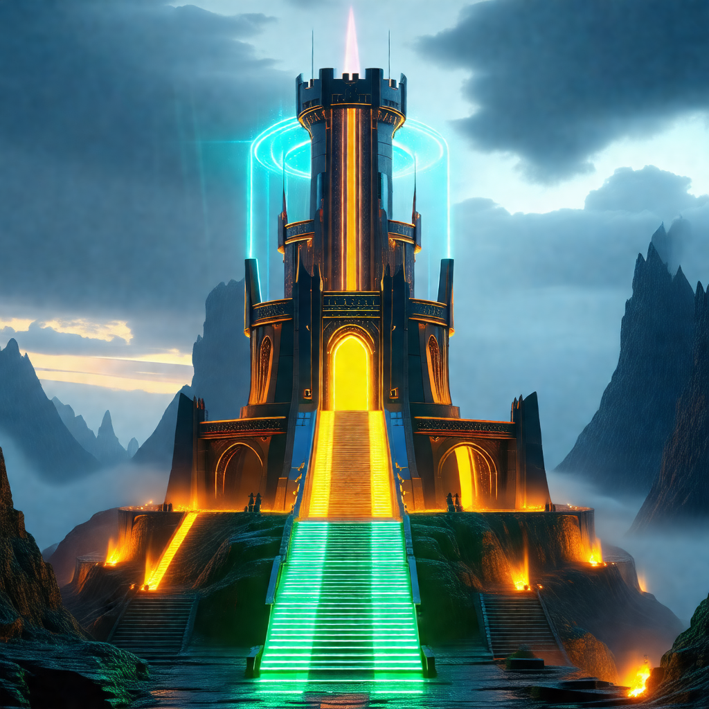 Large, colorful castle with a staircase leading up to its...