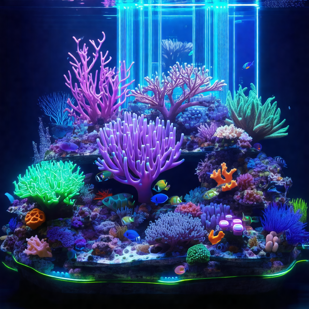 Large aquarium filled with a variety of colorful coral an...