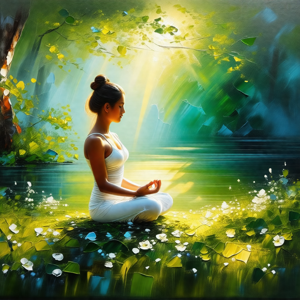 Woman sitting in a serene environment, surrounded by a fo...