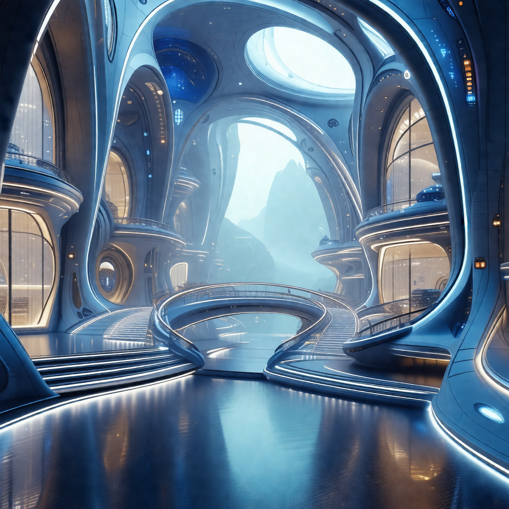 Futuristic cityscape with a large, curved building as the...