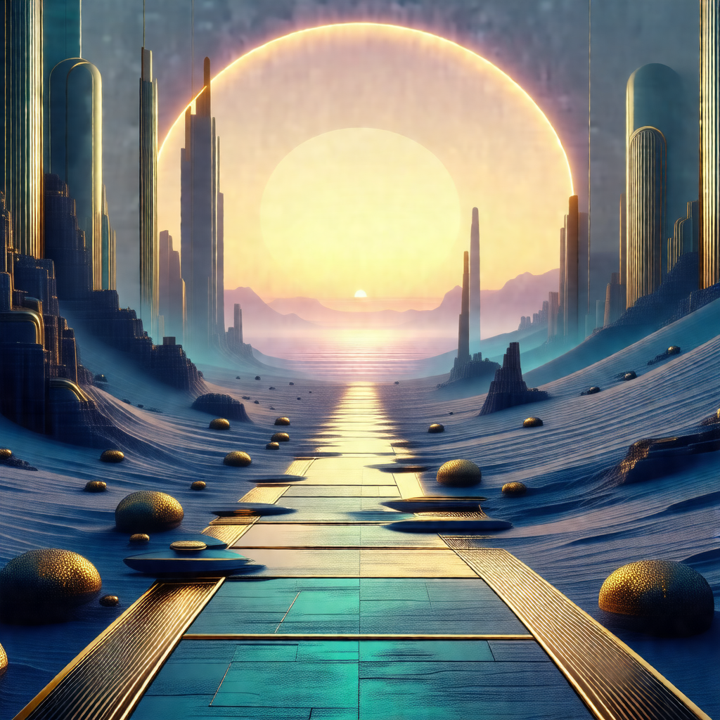 Futuristic scene featuring a long, narrow pathway with a ...