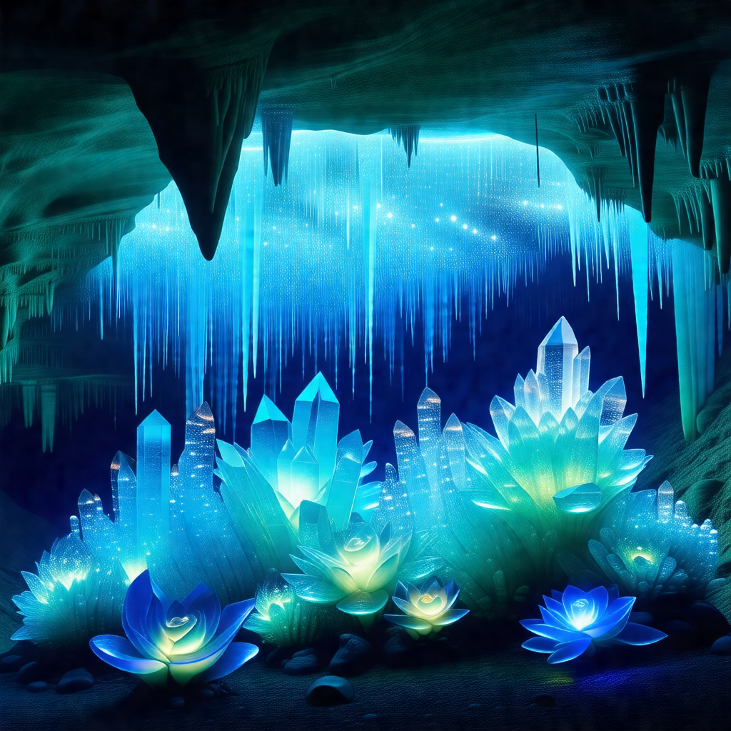 Cave with a blue light illuminating the space