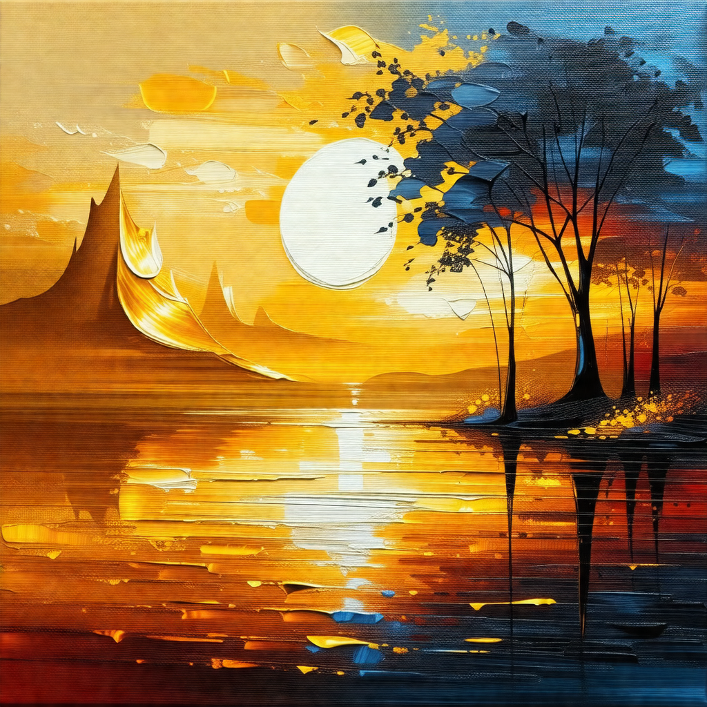 Painting of a serene scene featuring a lake with a few tr...