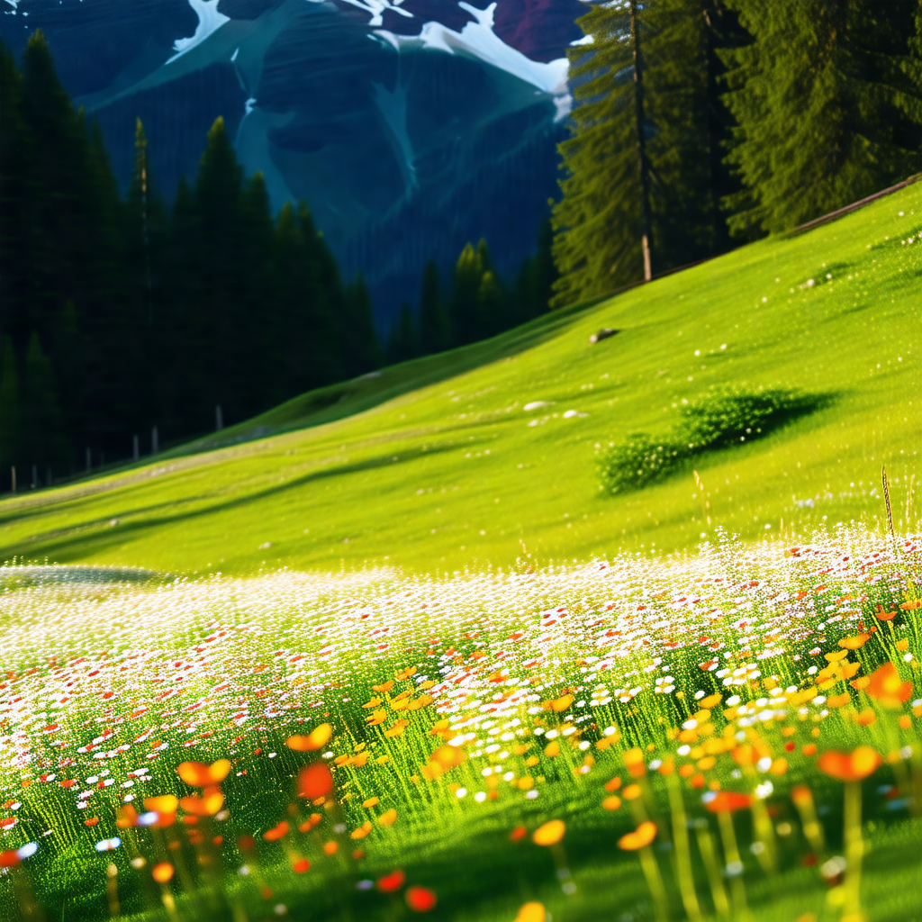 Lush green field with a mountain range in the background