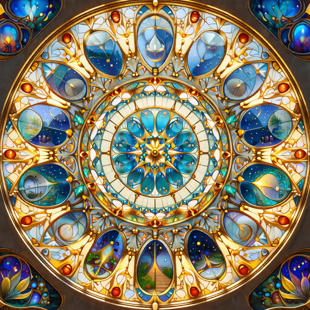Beautiful stained glass window with a blue and gold color...