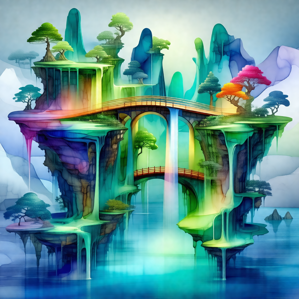 Colorful and imaginative painting of a bridge that spans ...