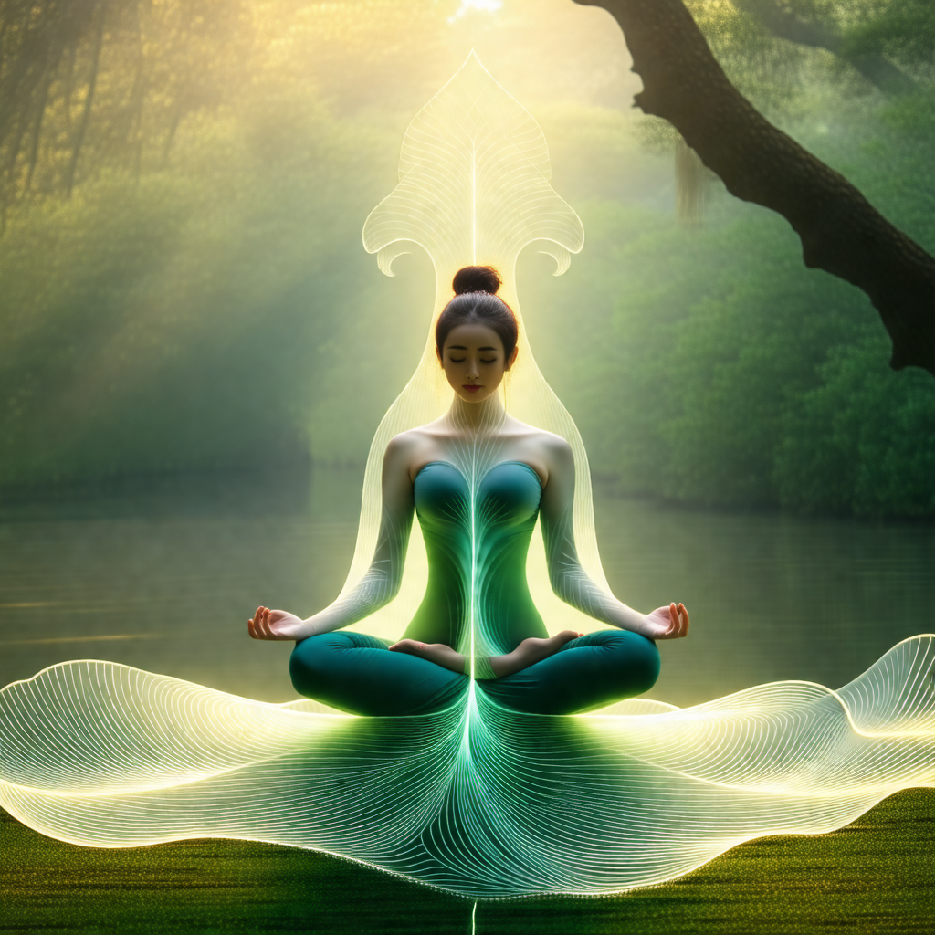 Woman sitting in a lotus position on a green carpet