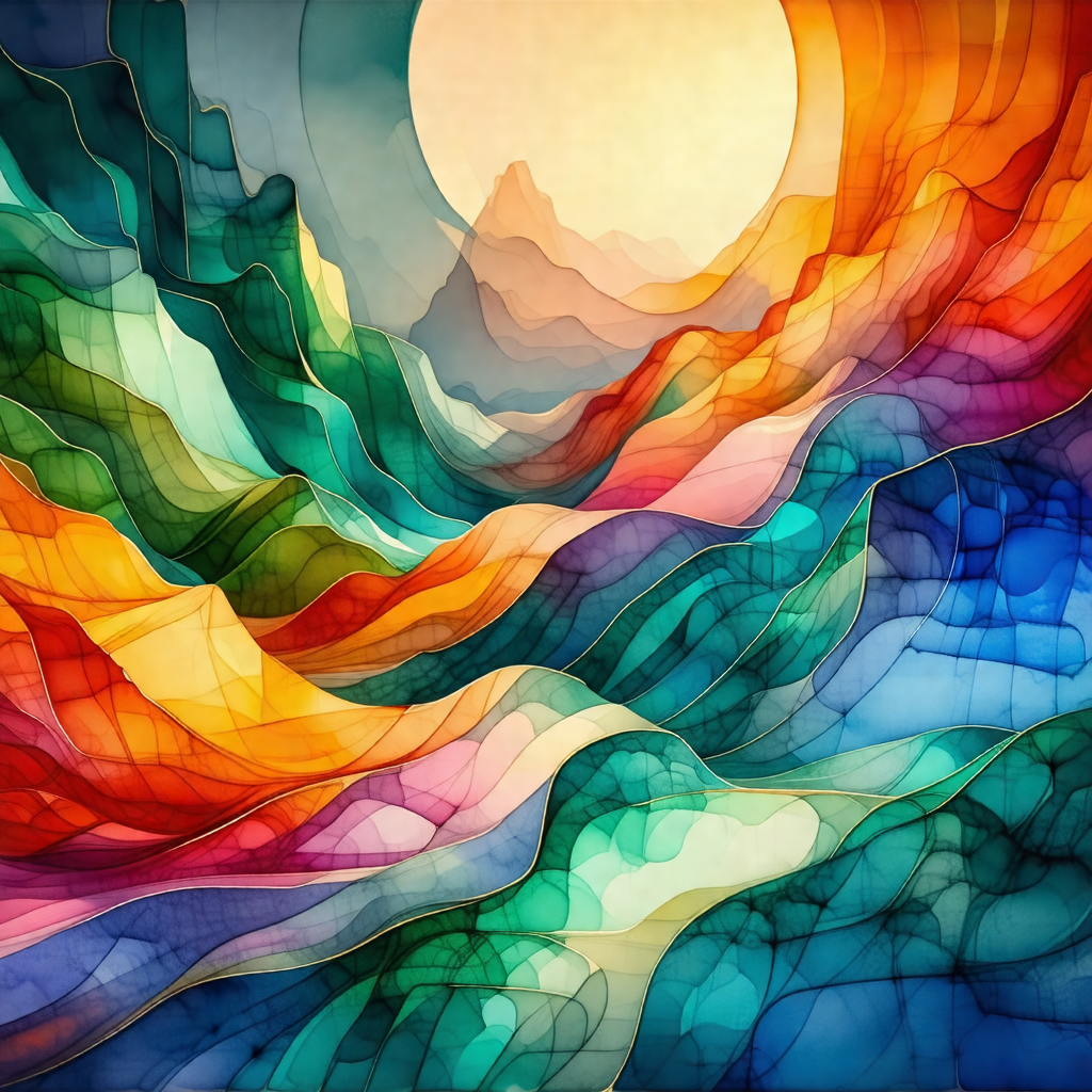 Colorful painting of a mountainous landscape with a sunse...