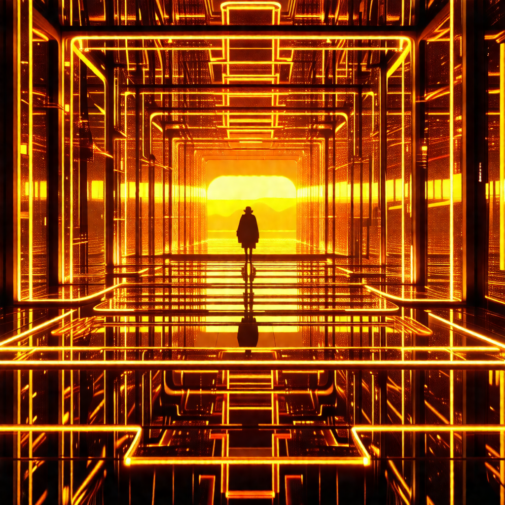 Person walking through a futuristic, neon-lit environment