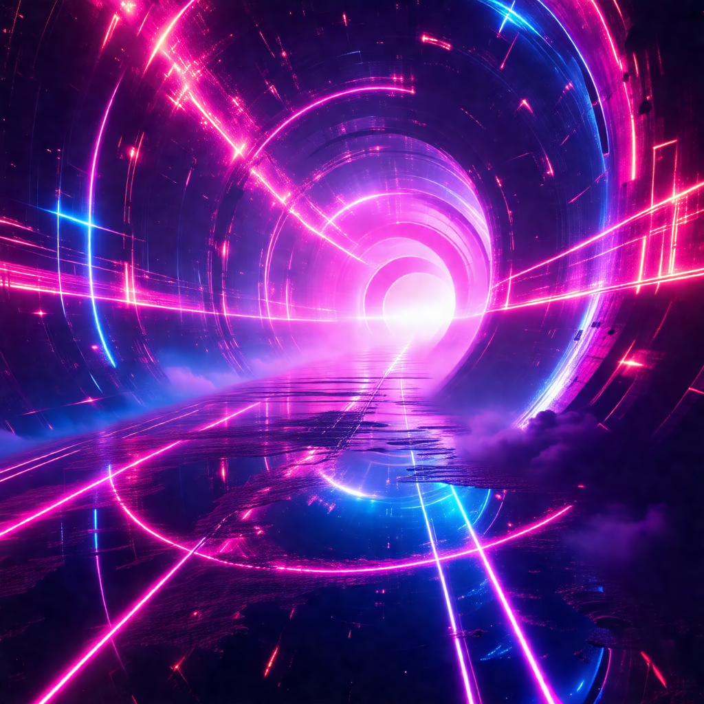 Futuristic scene featuring a tunnel with a brightly color...