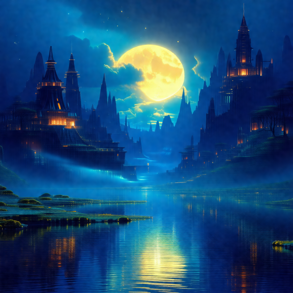 Painting of a beautiful night scene with a moonlit sky