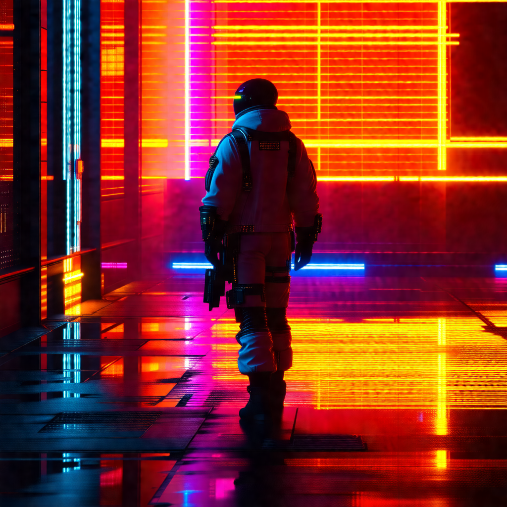 Man wearing a white suit, walking down a hallway in a bui...