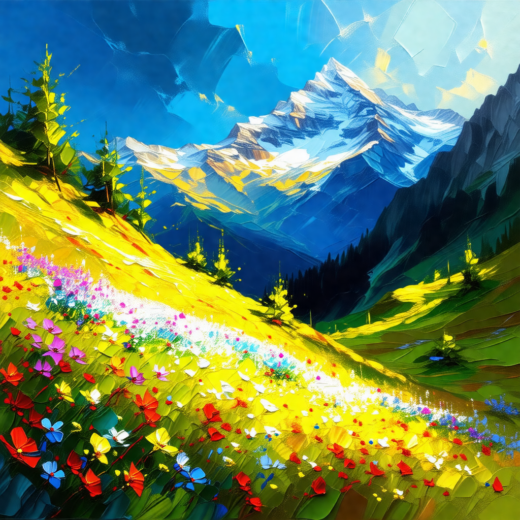 Painting of a beautiful mountain landscape with a field o...