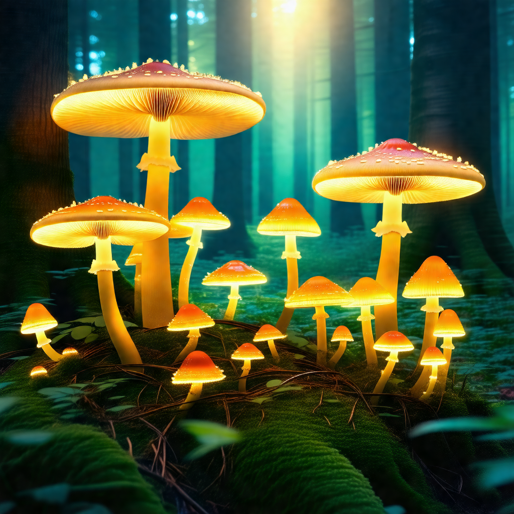 Forest with a group of mushrooms growing on the ground