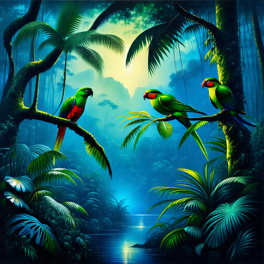 Lush green forest with three colorful parrots perched on ...