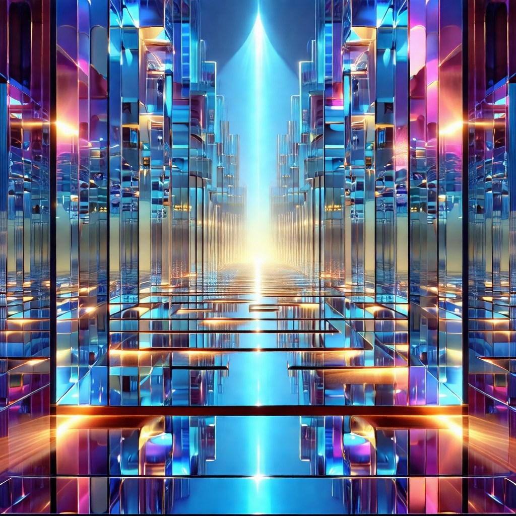 Futuristic cityscape with a long, narrow hallway filled w...