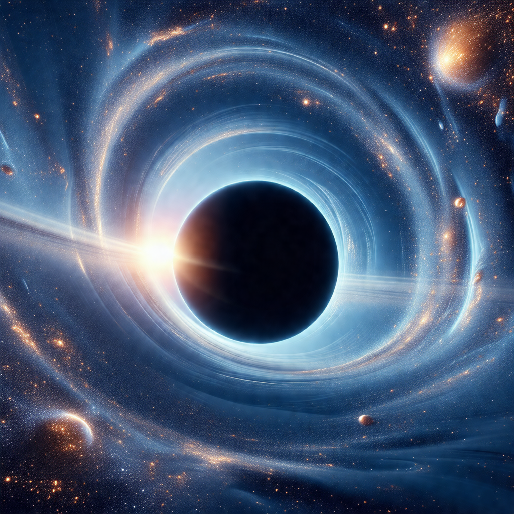 Black hole with a blue background, surrounded by a swirli...