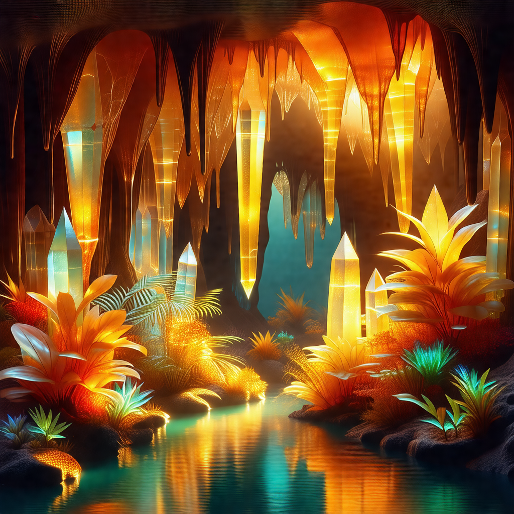 Colorful, computer-generated illustration of a cave with ...