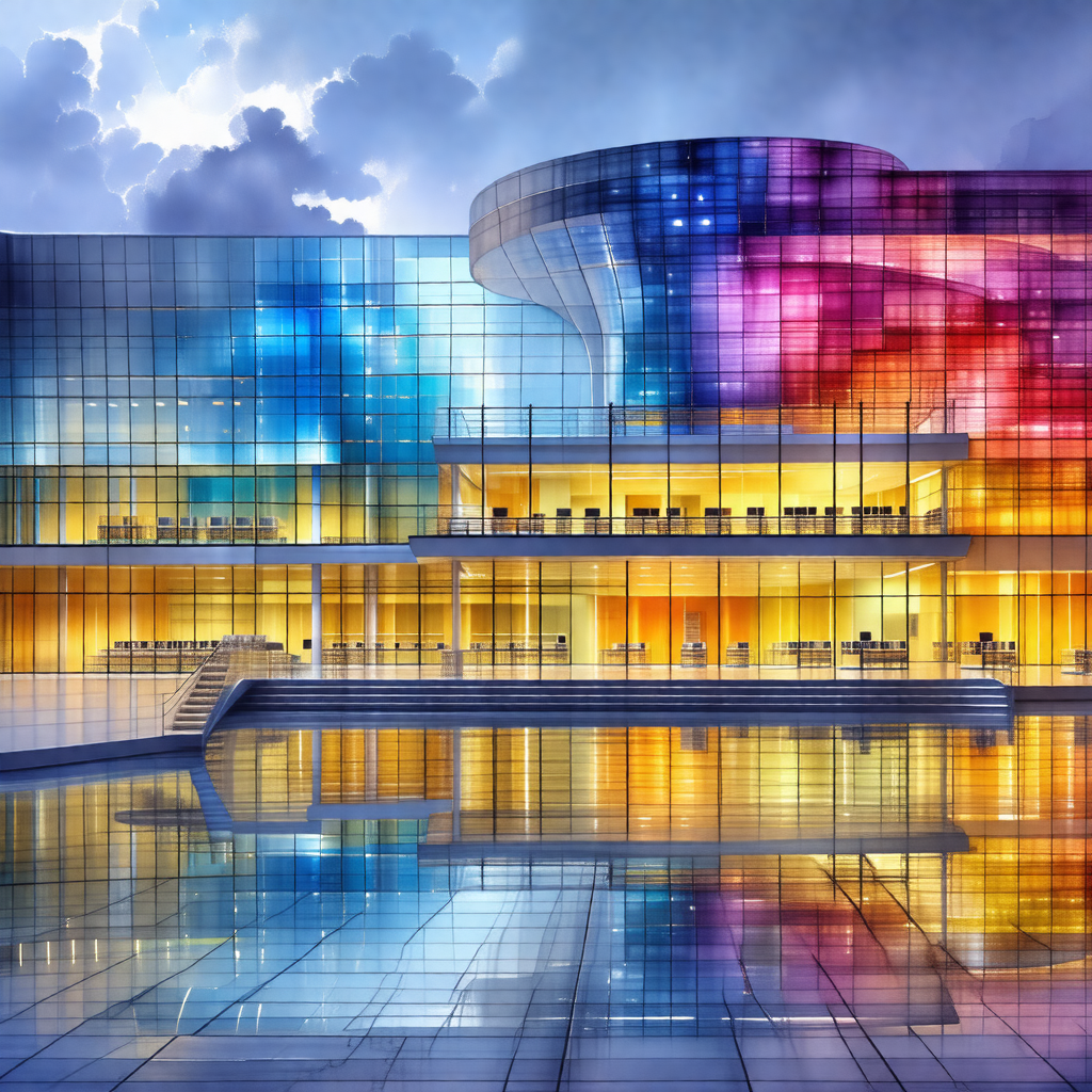 Colorful, computer-generated drawing of a large building ...