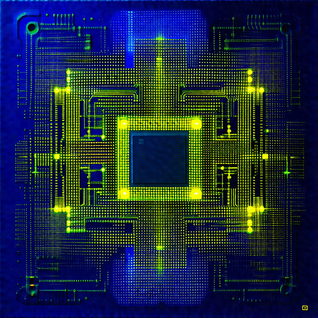 Close-up of a computer circuit board with a green and yel...