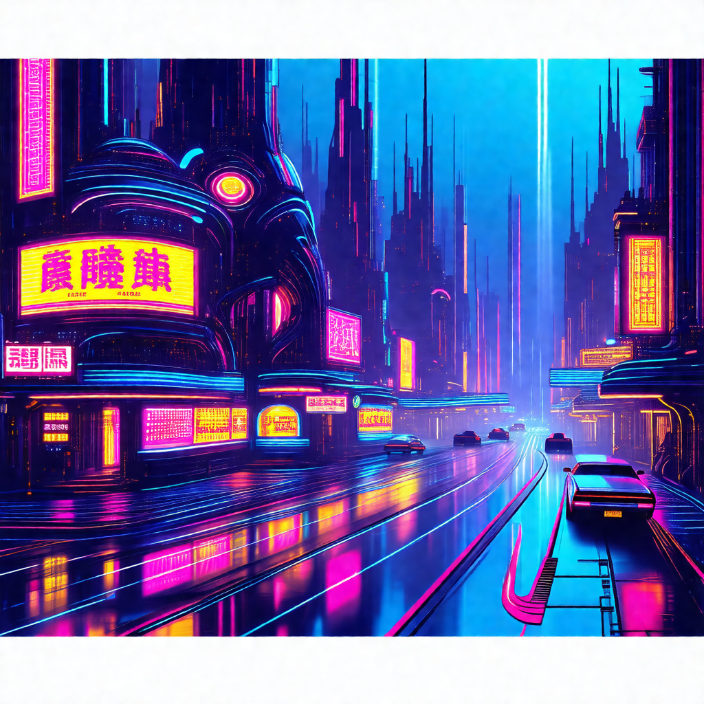 Futuristic cityscape with a rain-soaked street filled wit...