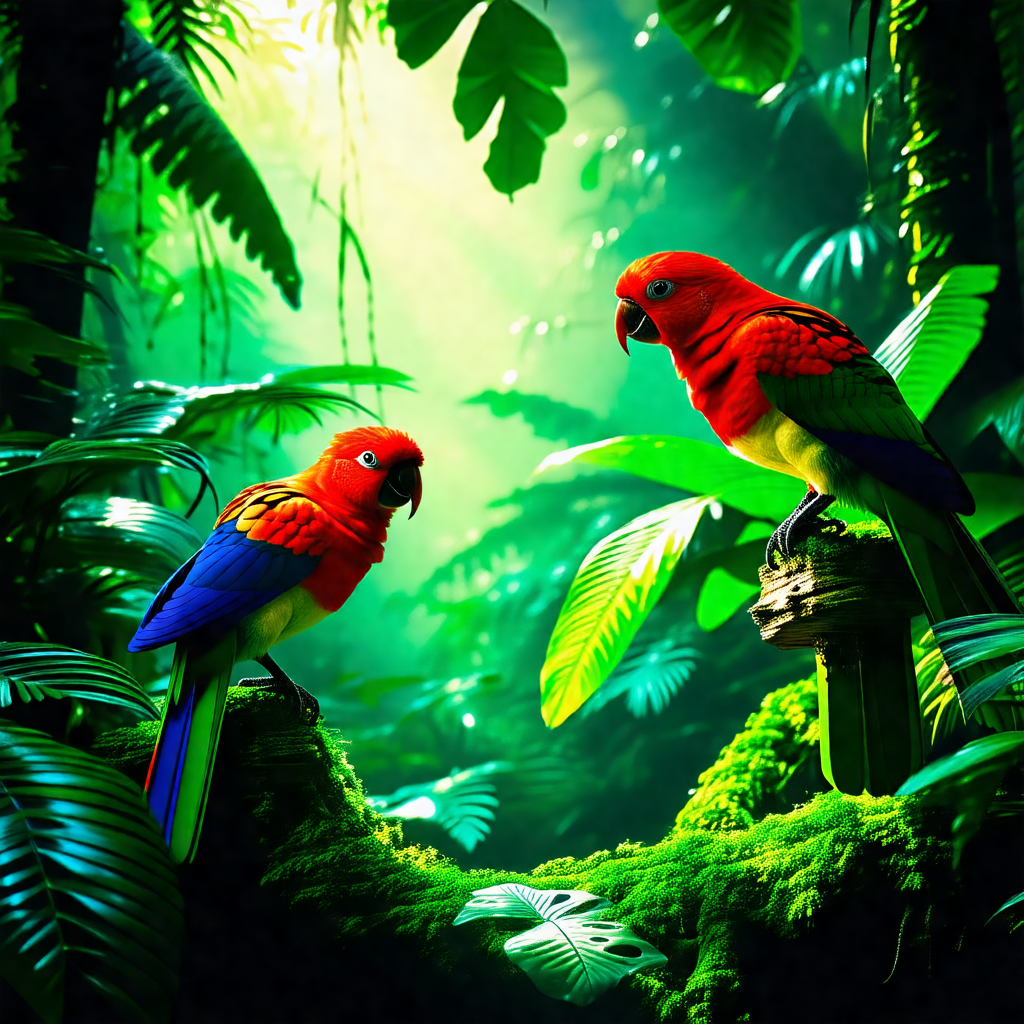 Two colorful birds perched on a tree branch in a lush gre...