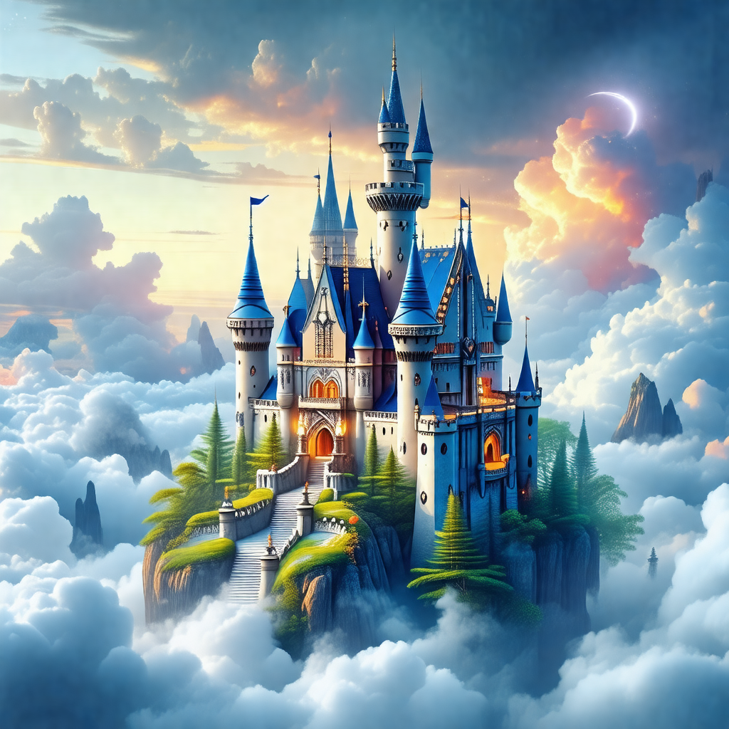 Beautifully drawn illustration of a castle floating in th...