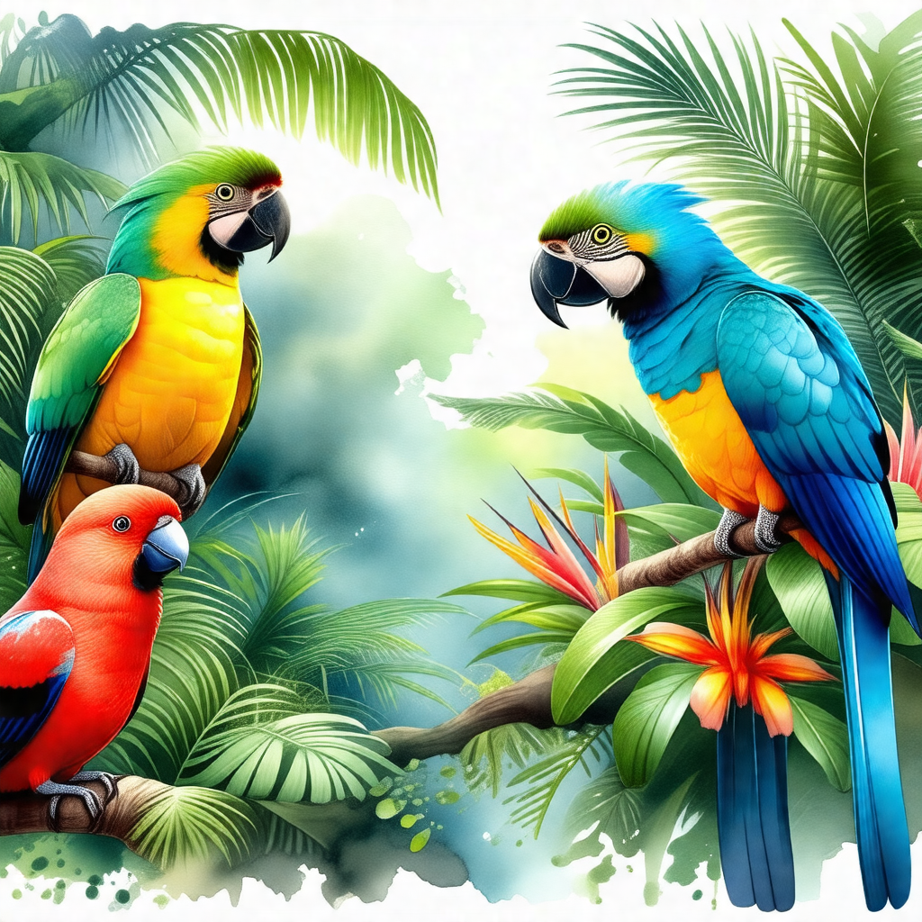 Lush green forest with three colorful birds perched on tr...