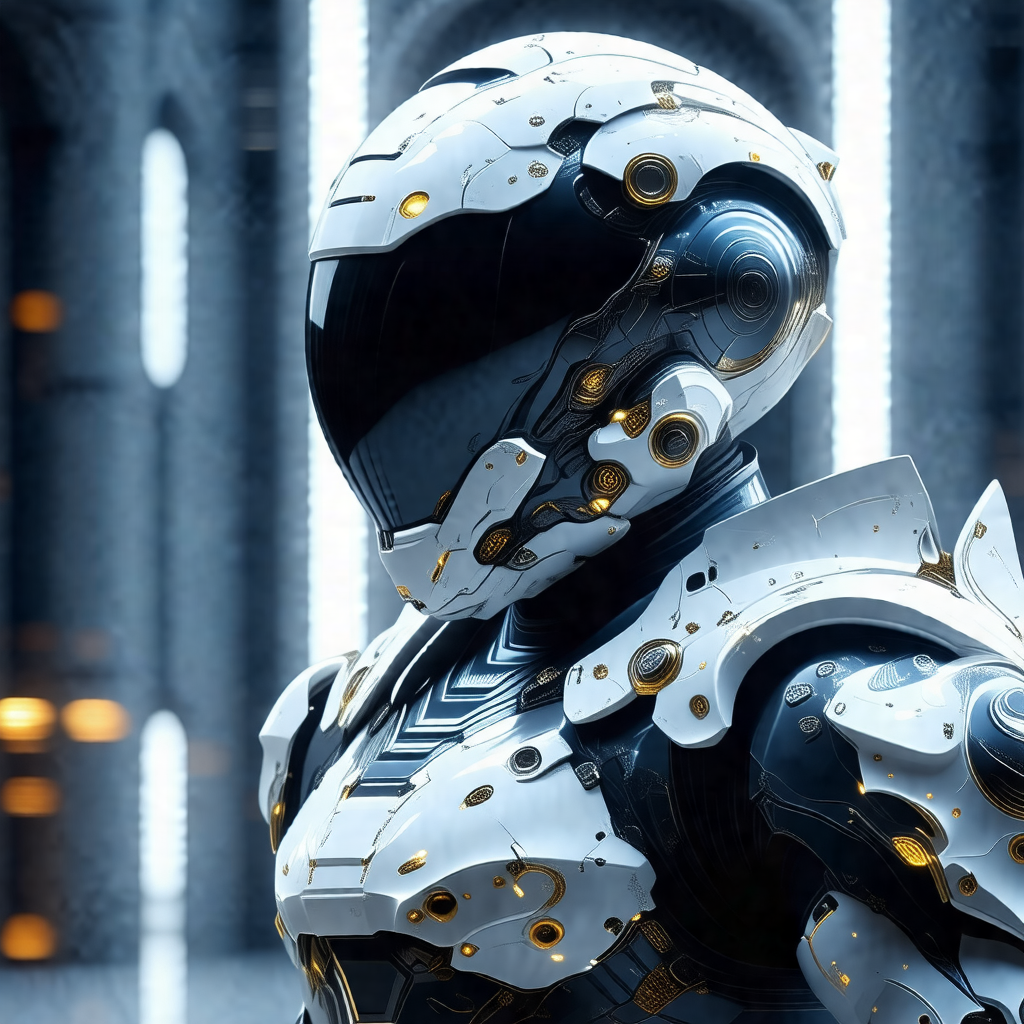 Futuristic robot with a white and gold color scheme
