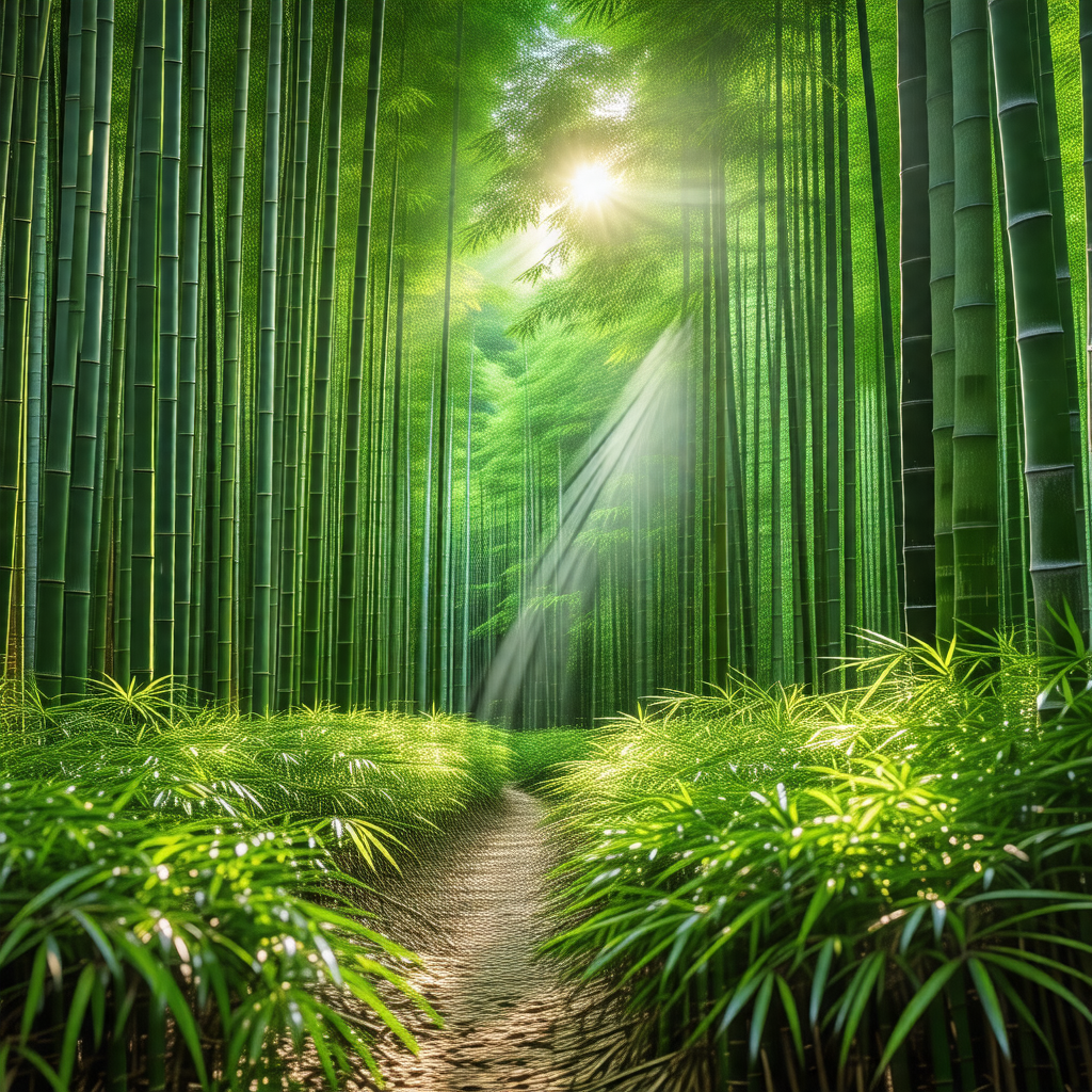 Lush green forest with a pathway leading through the trees