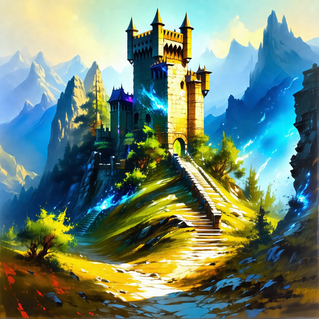Large, old castle with a tall tower and a moat