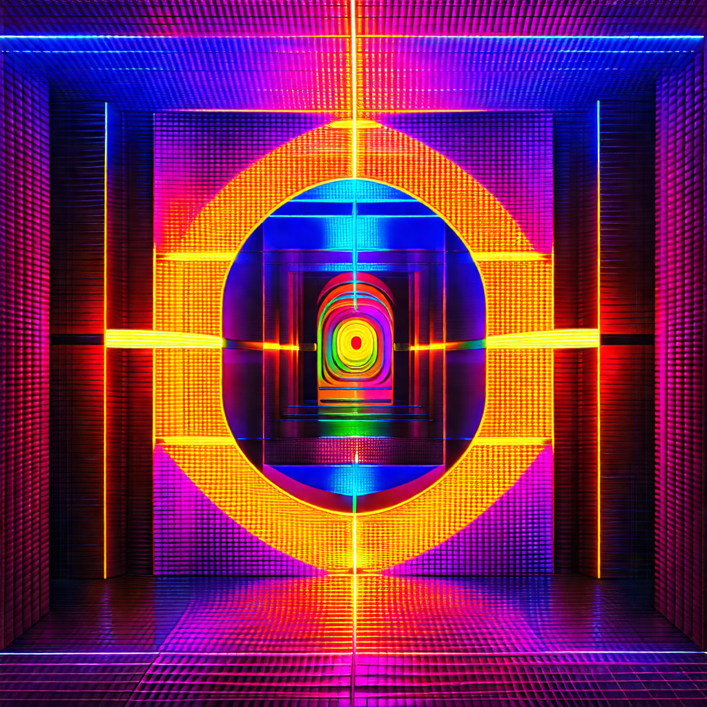 Brightly lit room with a large, colorful, and circular ob...