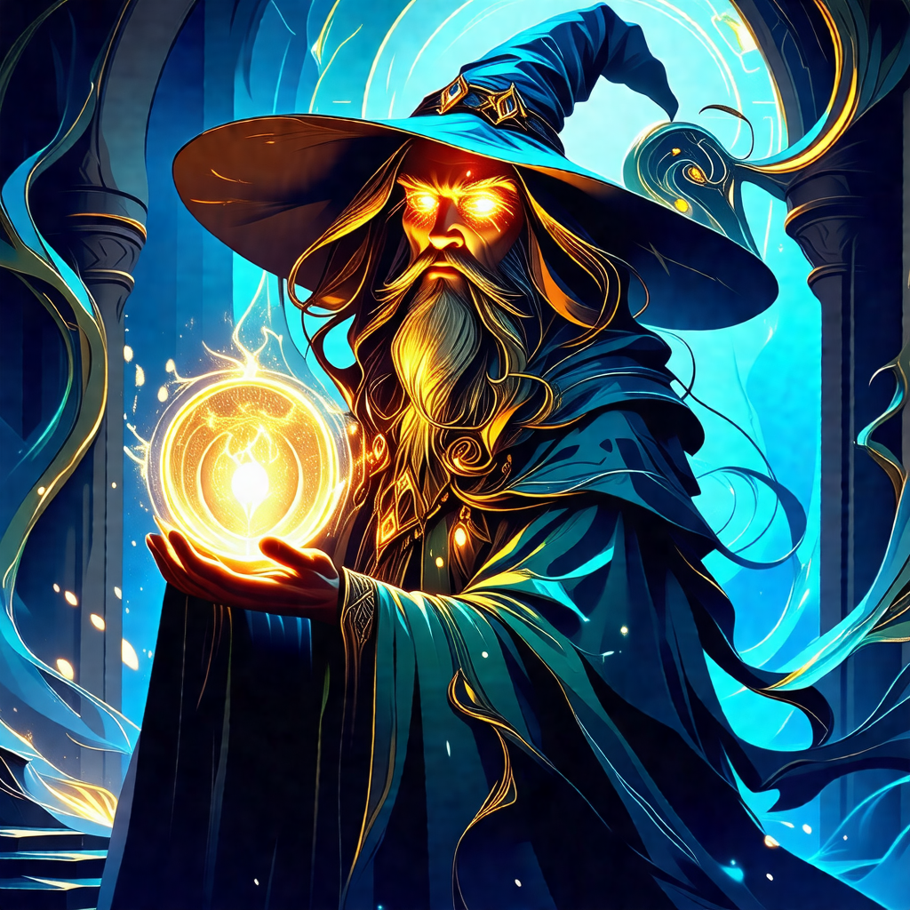 Wizard with a long beard and a pointy hat, holding a glow...