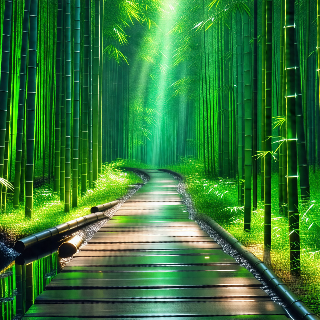 Long, narrow pathway surrounded by a lush green forest