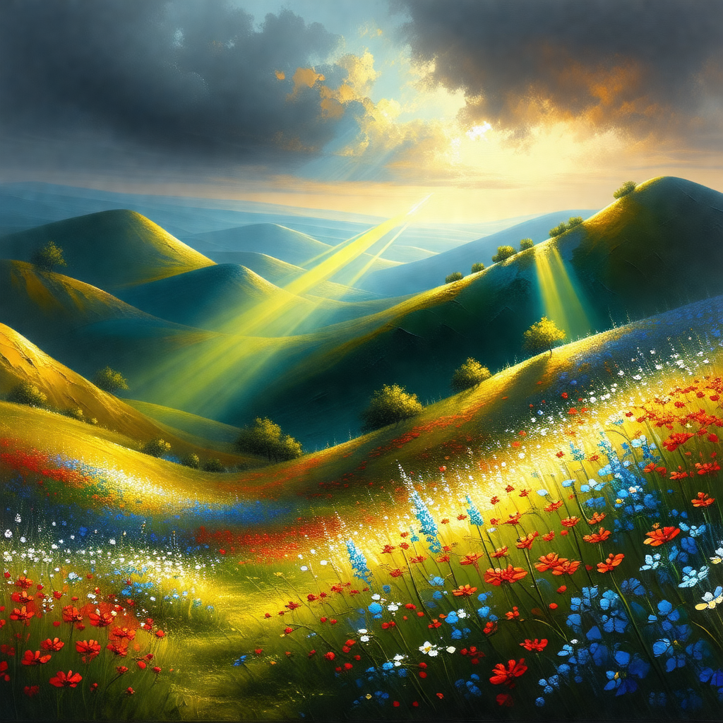 Beautiful, sunlit valley with a mountain range in the bac...