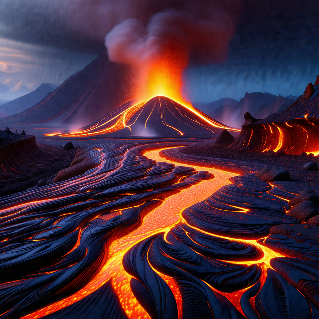 Volcanic landscape with a large, red-orange lava flow pou...