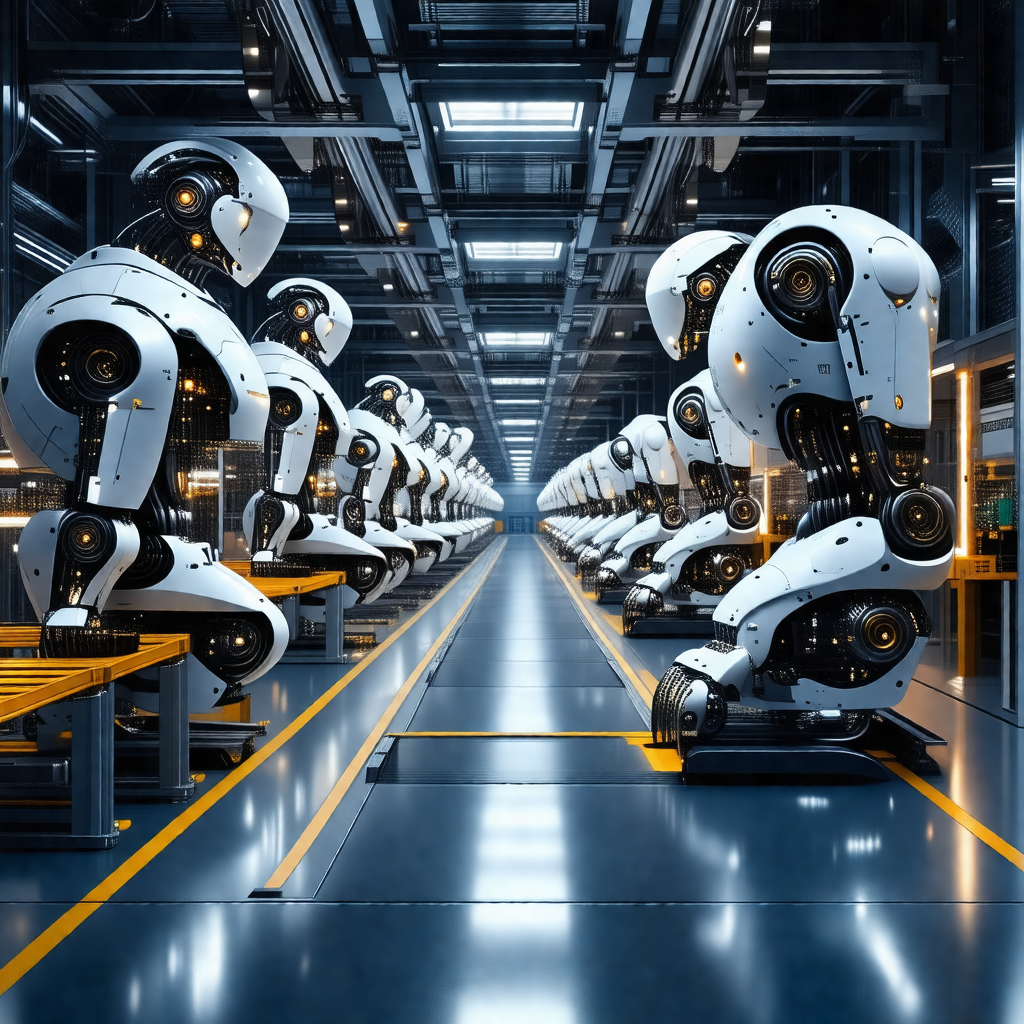 Factory with a large number of white robots lined up in a...