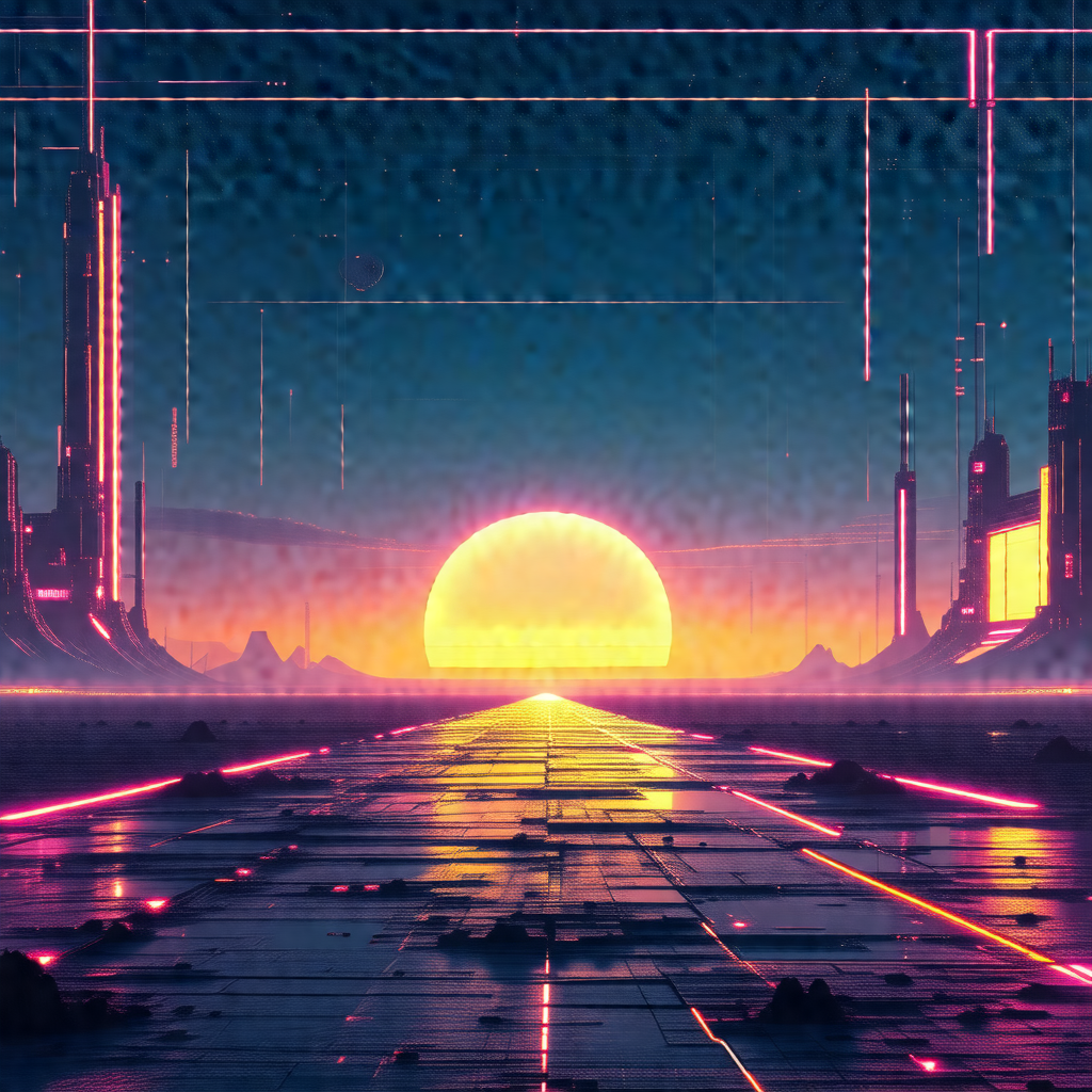 Futuristic cityscape with a large, bright sun in the sky