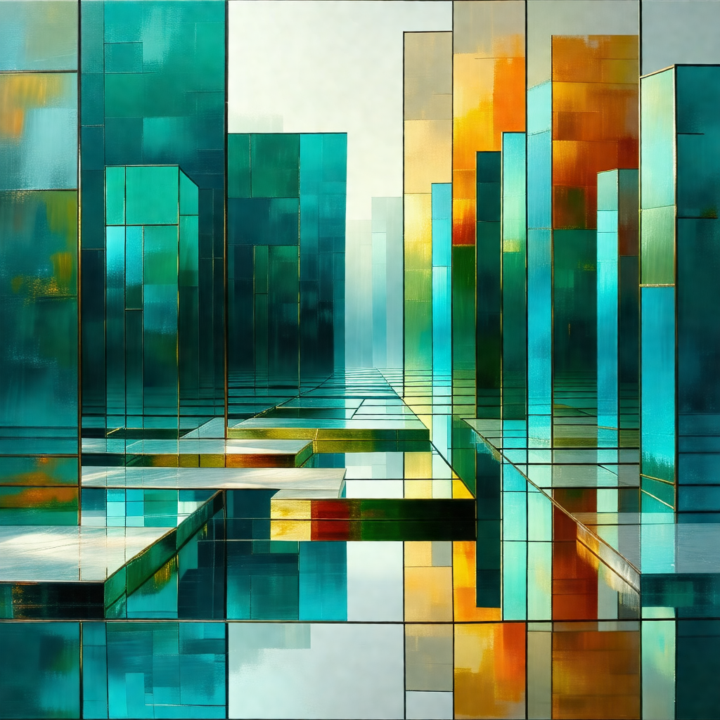 Painting of a cityscape, featuring a large building with ...