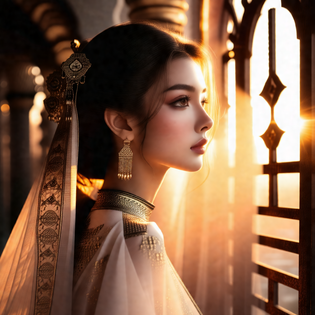 Beautiful woman with long hair, wearing a white dress and...