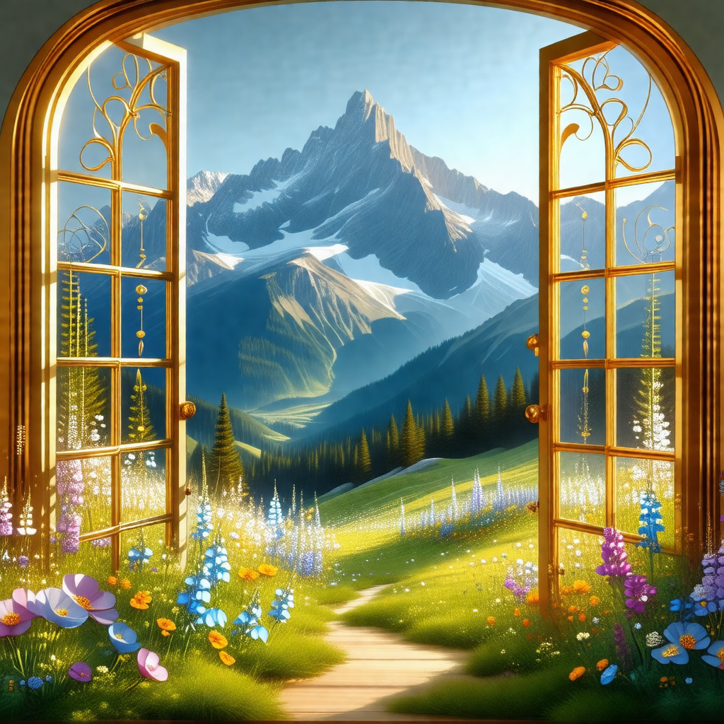 Beautiful painting of a mountainous landscape with a larg...