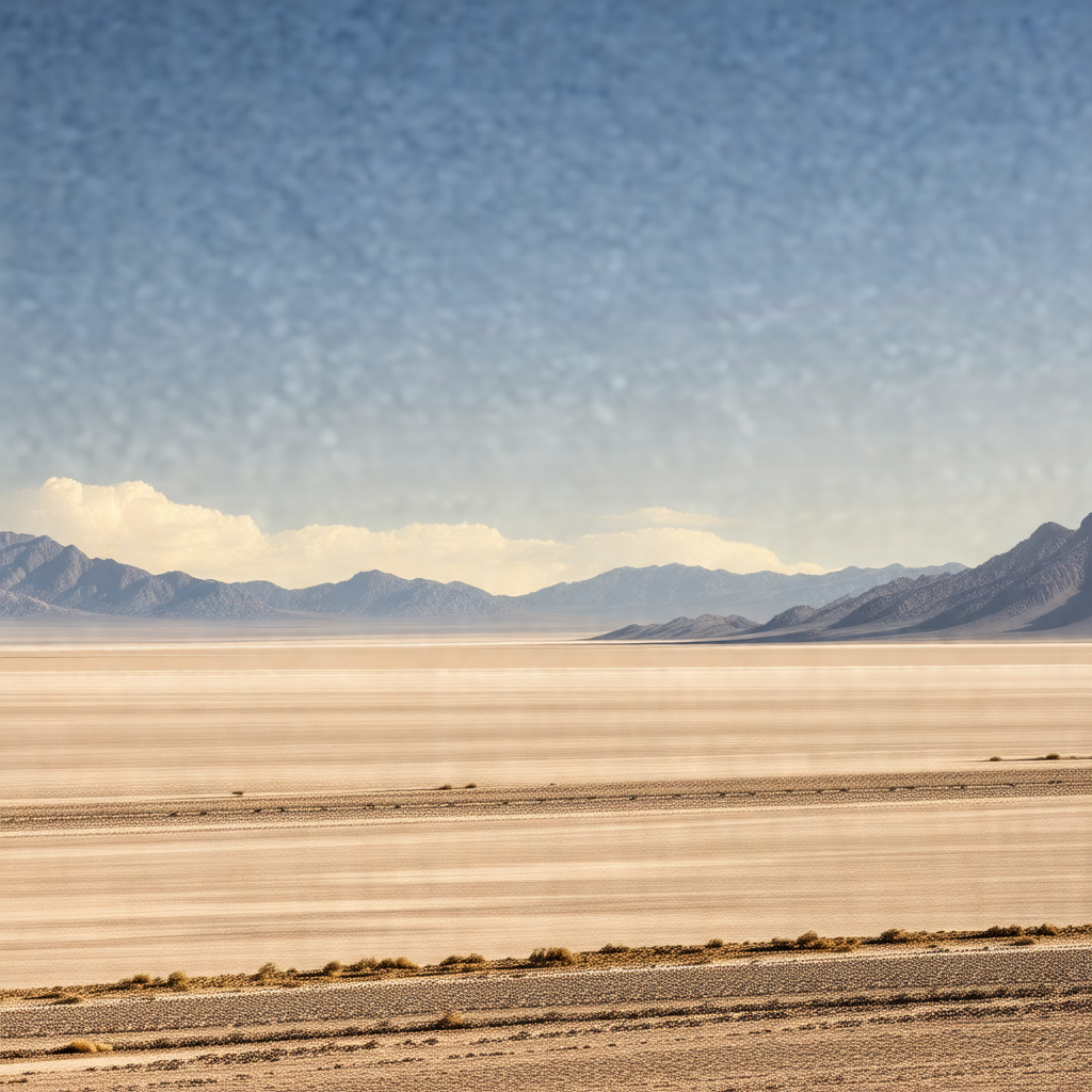 Vast, open desert landscape with a clear blue sky overhead