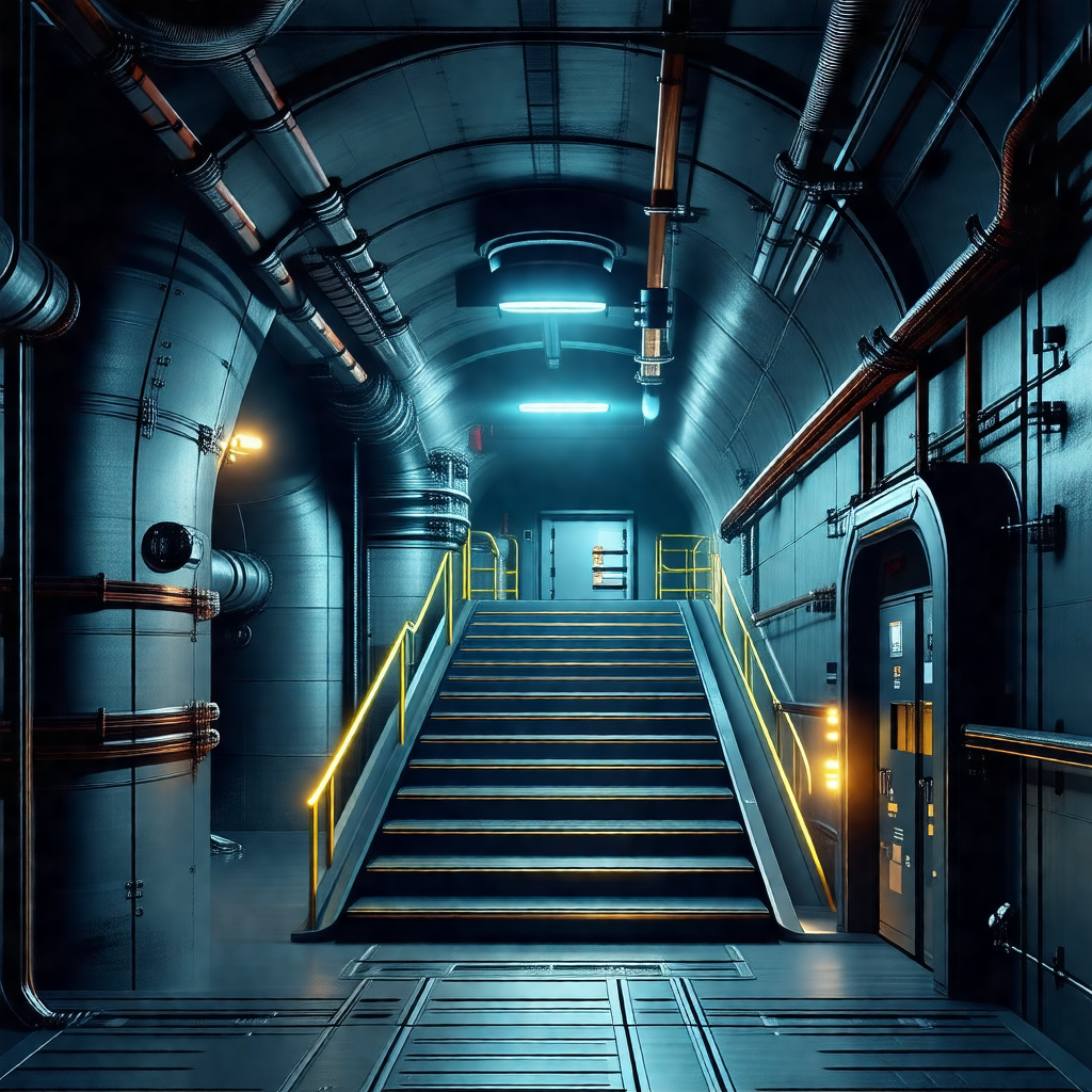 Large, dark tunnel with a set of stairs leading upwards