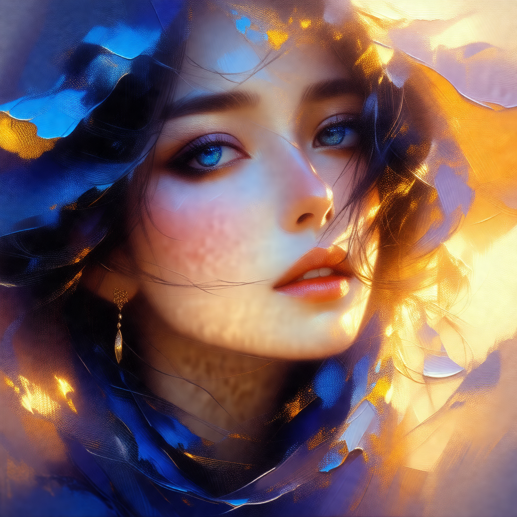 Woman with long, dark hair, wearing a blue hooded cloak