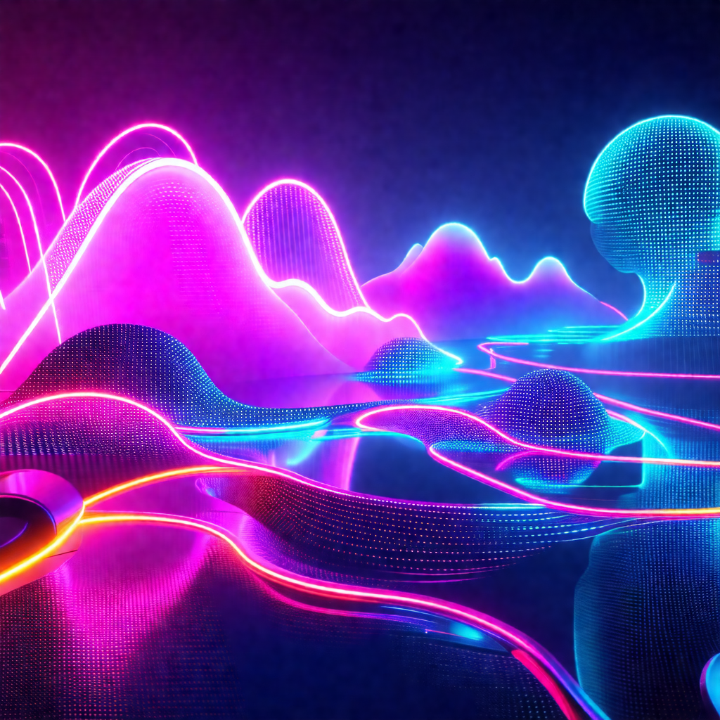 Futuristic, neon-colored landscape featuring a series of ...