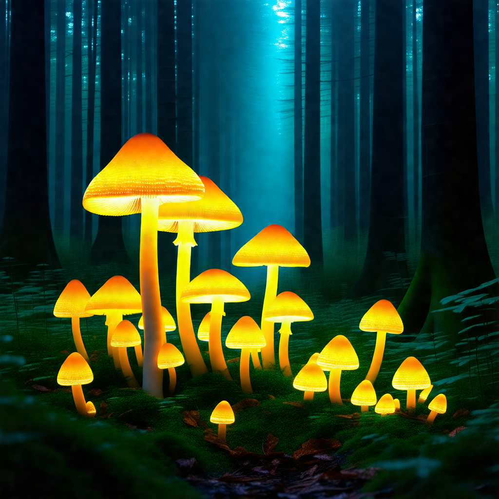 Forest with a group of glowing mushrooms scattered throug...