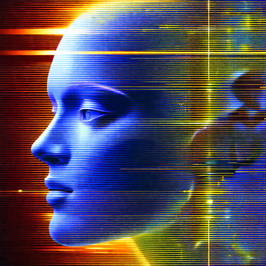 Close-up of a person's head, with a blue hue to the face