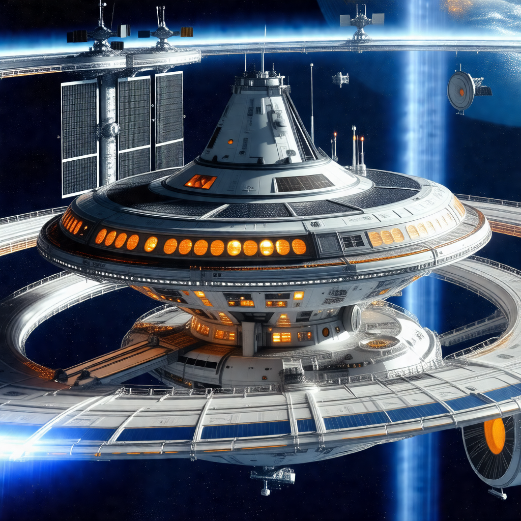 Futuristic space station with a large, circular structure
