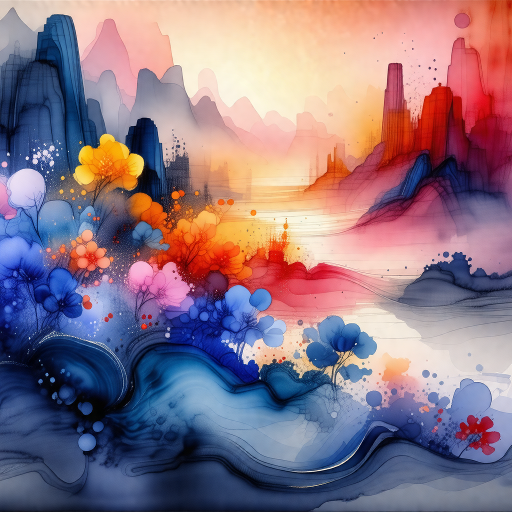 Colorful painting of a mountainous landscape with a body ...